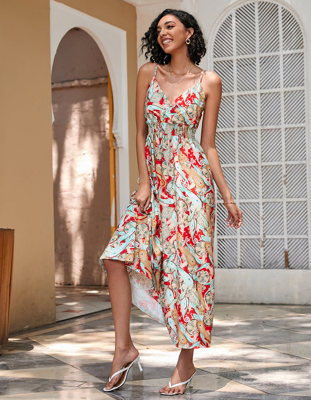 Women's Printed Waist-controlled Mid-length Sling Dress