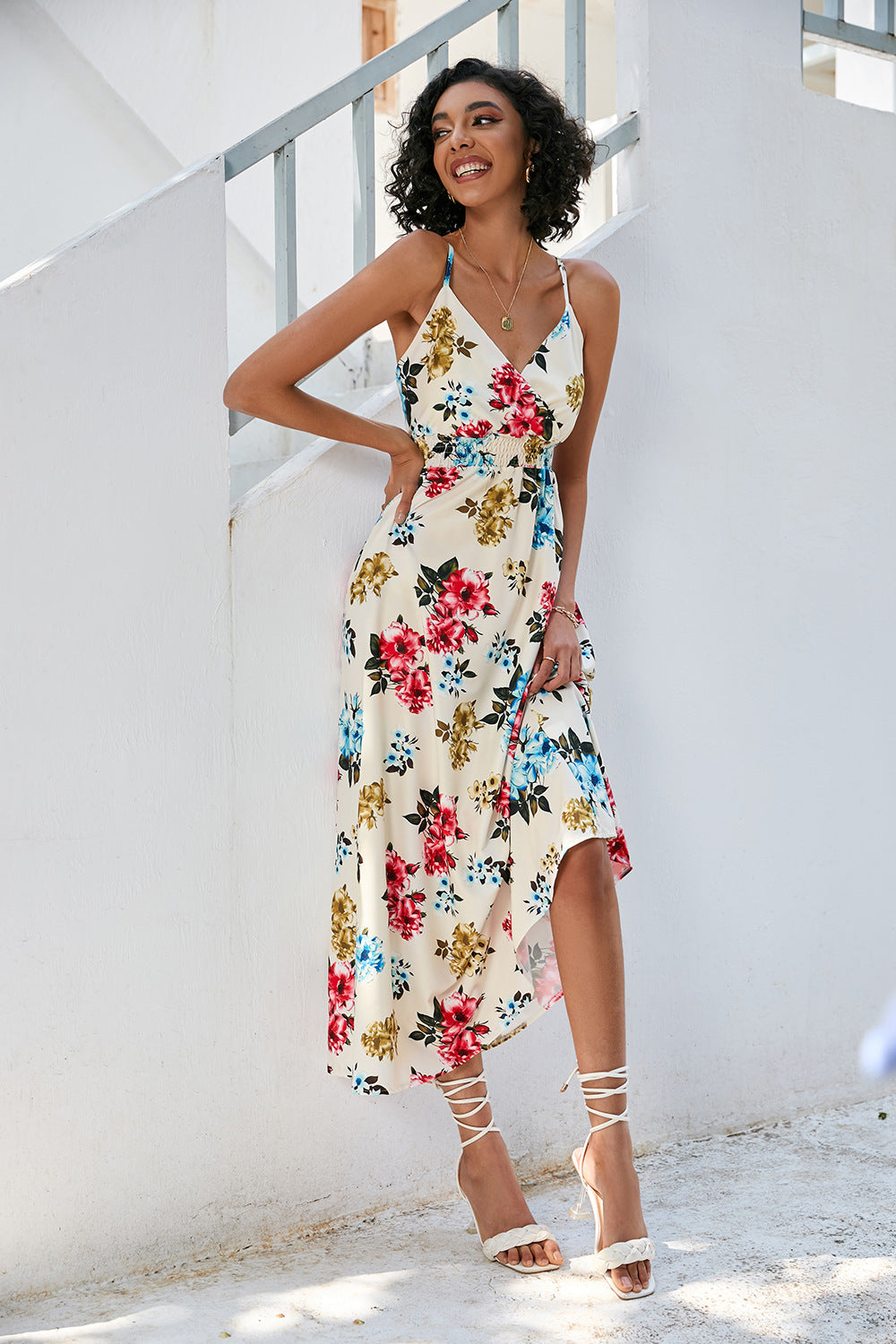 Women's Printed Waist-controlled Mid-length Sling Dress