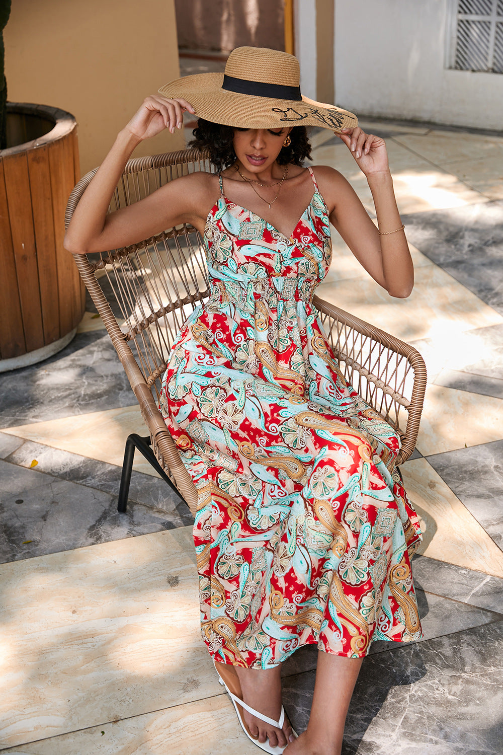 Women's Printed Waist-controlled Mid-length Sling Dress