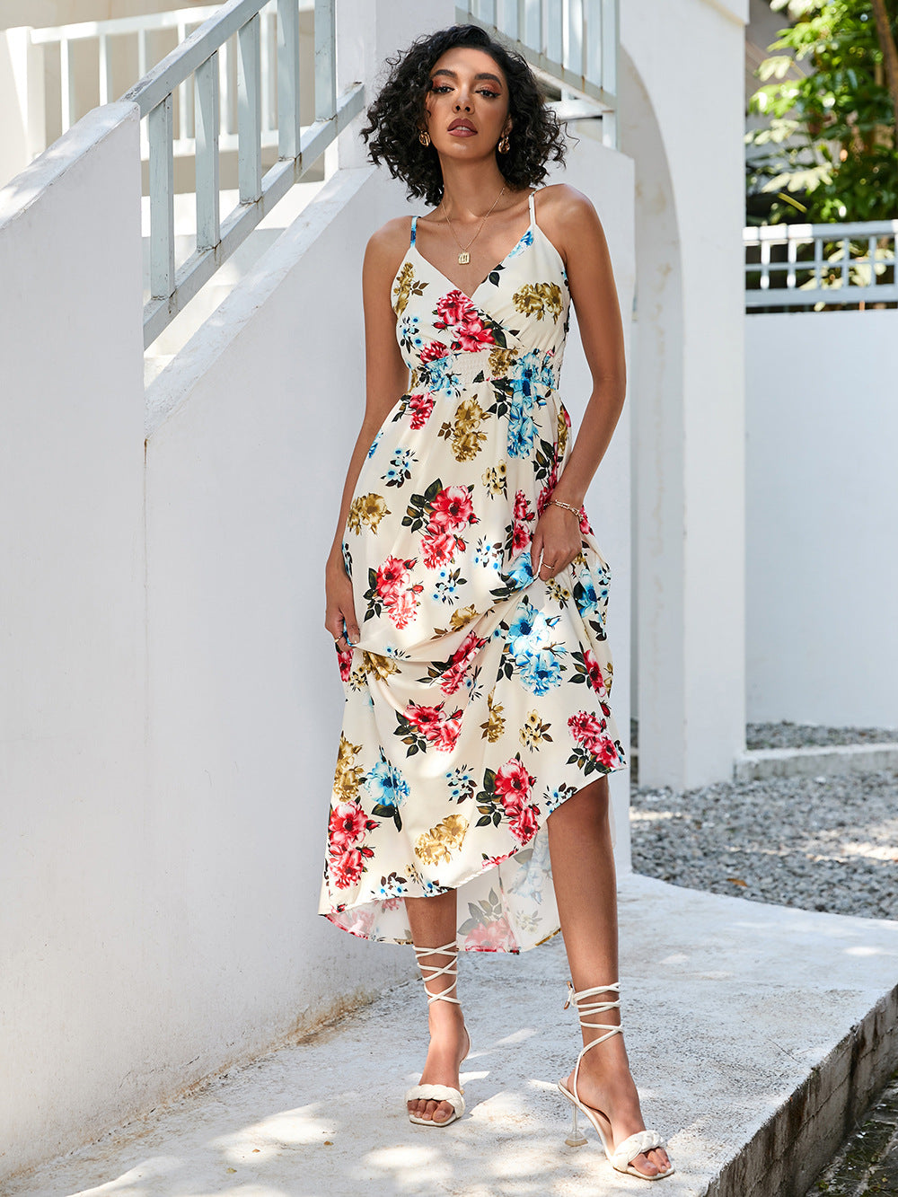 Women's Printed Waist-controlled Mid-length Sling Dress