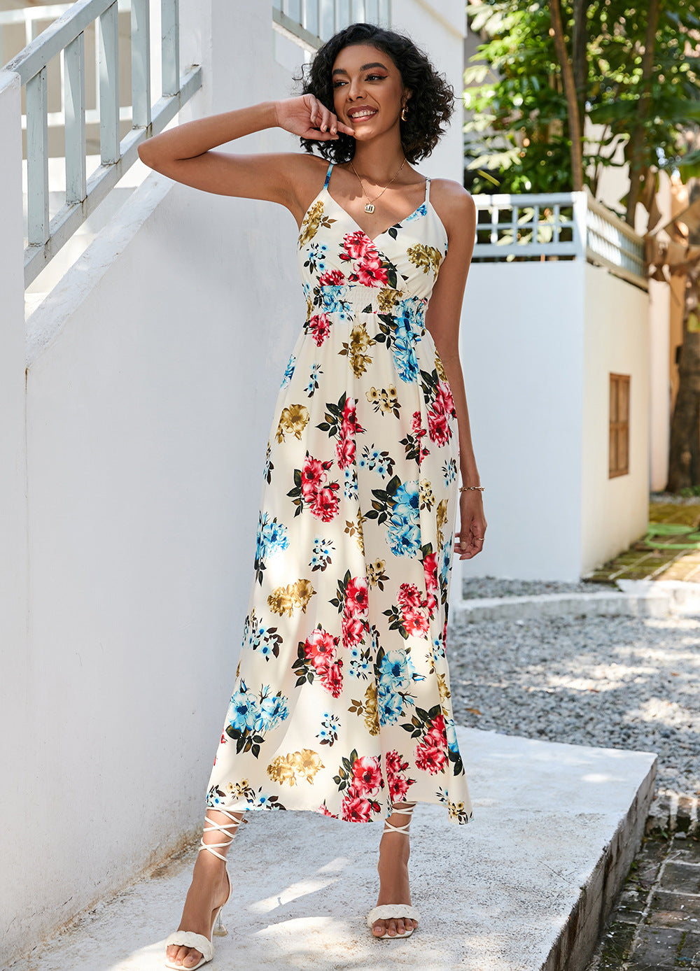 Women's Printed Waist-controlled Mid-length Sling Dress