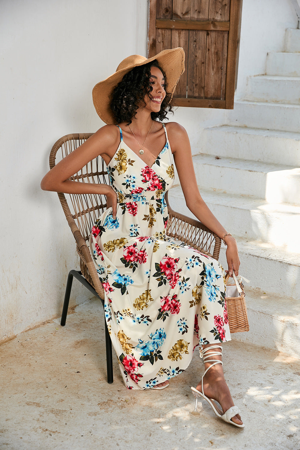 Women's Printed Waist-controlled Mid-length Sling Dress