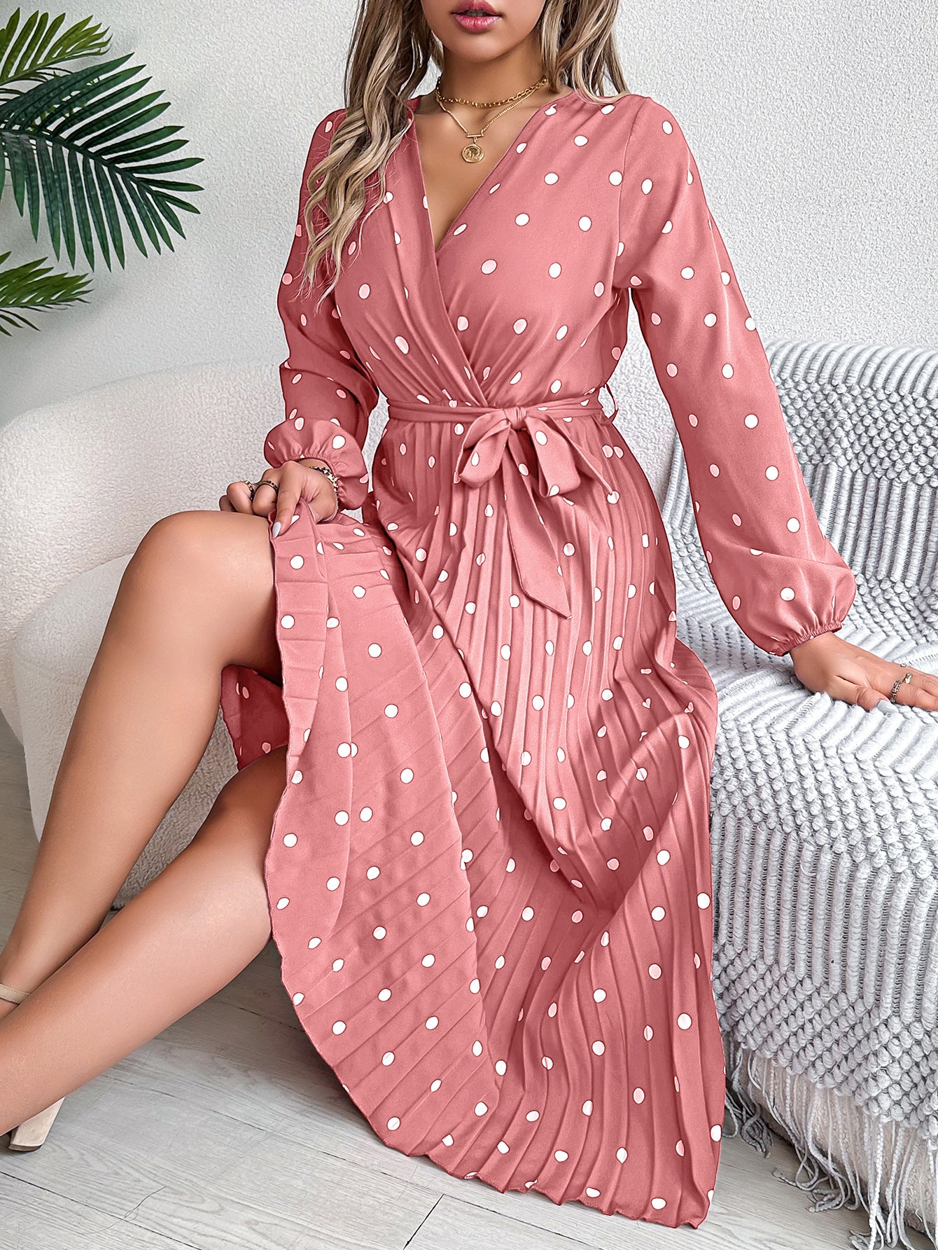 Spring Summer Elegant Long Dress Cross V-Neck Contrast Polka Dot Long Sleeve Pleated Bridesmaid Dresses