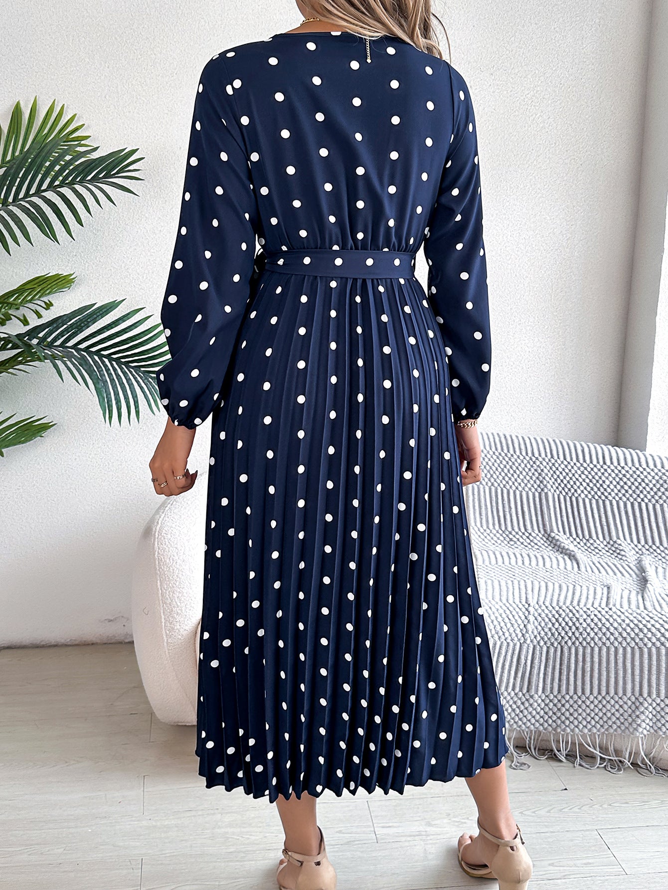 Spring Summer Elegant Long Dress Cross V-Neck Contrast Polka Dot Long Sleeve Pleated Bridesmaid Dresses