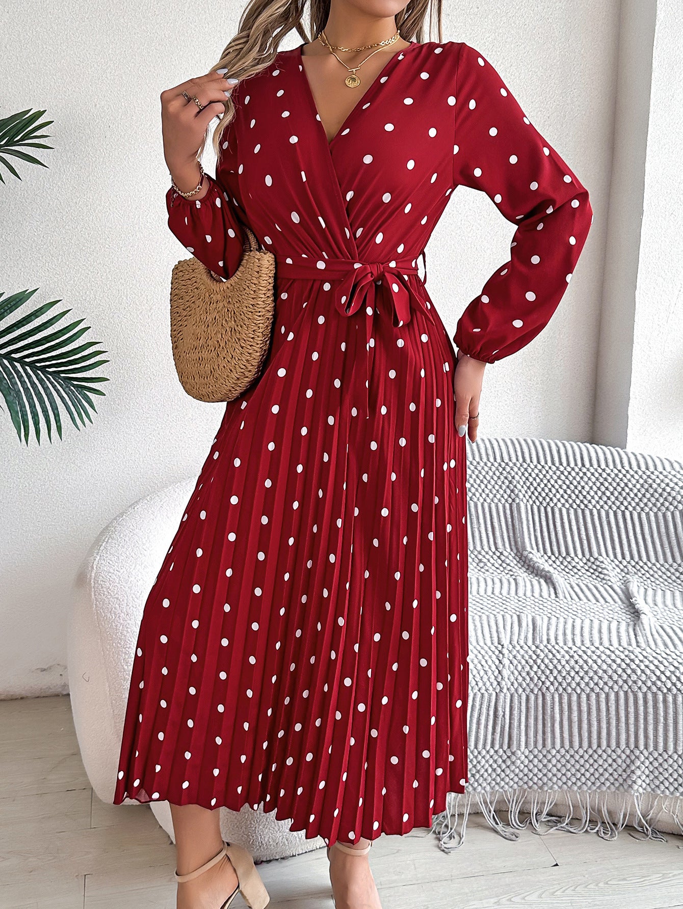 Spring Summer Elegant Long Dress Cross V-Neck Contrast Polka Dot Long Sleeve Pleated Bridesmaid Dresses
