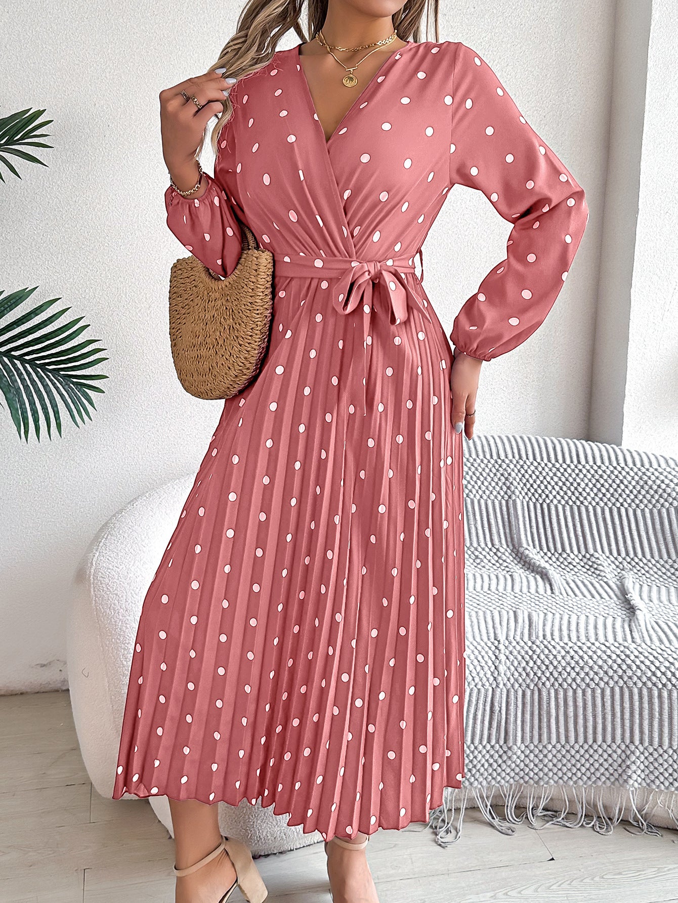 Spring Summer Elegant Long Dress Cross V-Neck Contrast Polka Dot Long Sleeve Pleated Bridesmaid Dresses