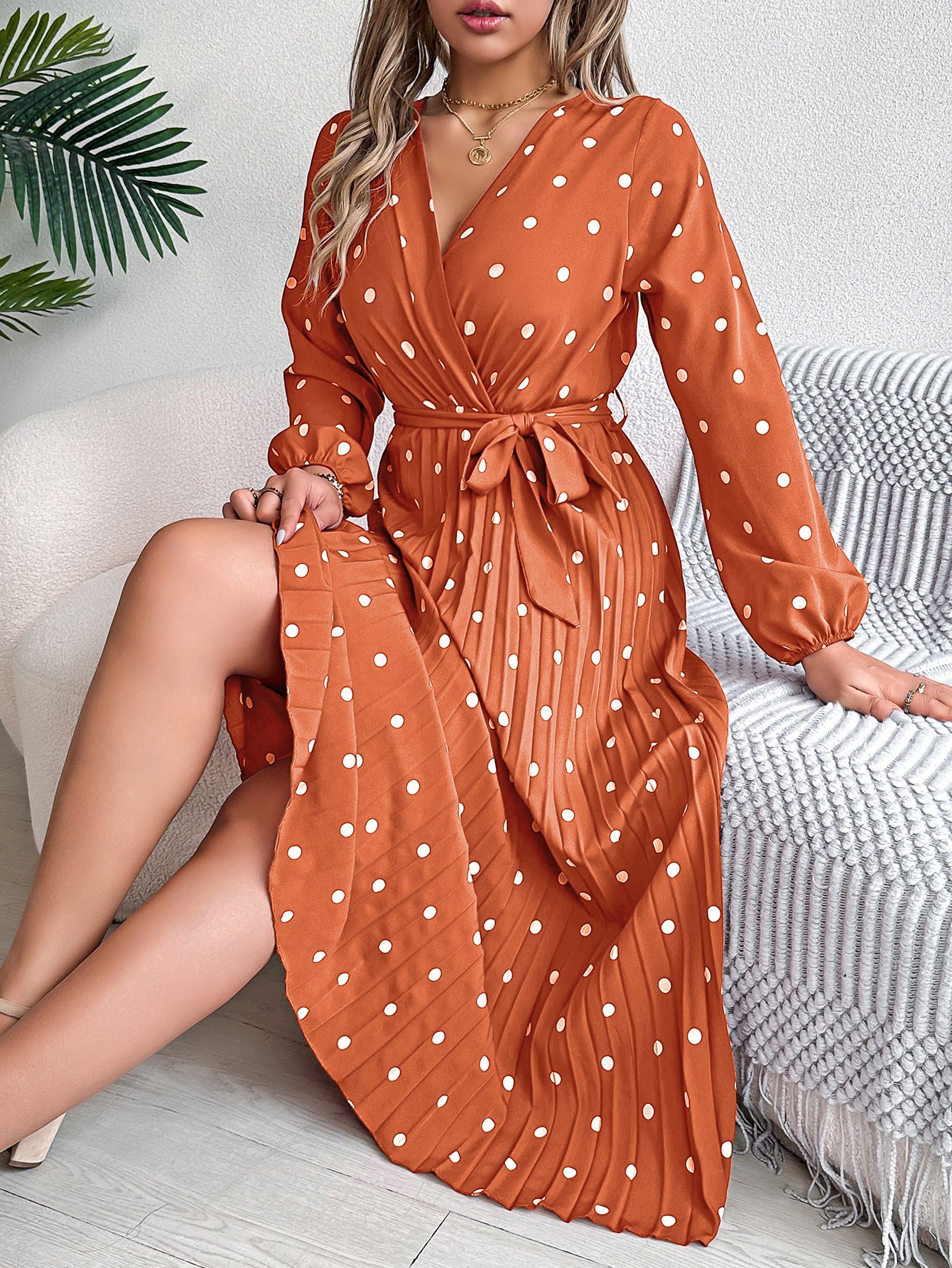 Spring Summer Elegant Long Dress Cross V-Neck Contrast Polka Dot Long Sleeve Pleated Bridesmaid Dresses