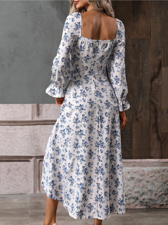 Flowers Printing Long Sleeve Dress Fashion Square-neck Bottom Slit Dresses Womens Clothing