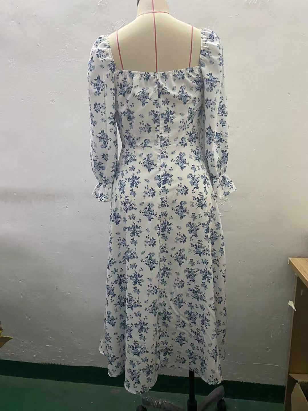 Flowers Printing Long Sleeve Dress Fashion Square-neck Bottom Slit Dresses Womens Clothing