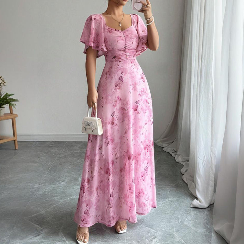 Women's Solid Color Square Neck Short Sleeve Butterfly Print Flowy Dress A-Line Summer Vacation Maxi Dress