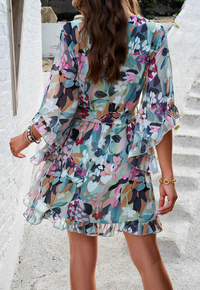 Summer Floral Print Short Sleeves Dress Lace Up Ruffles Design Fashion V-neck Short Dresses Womens Clothing
