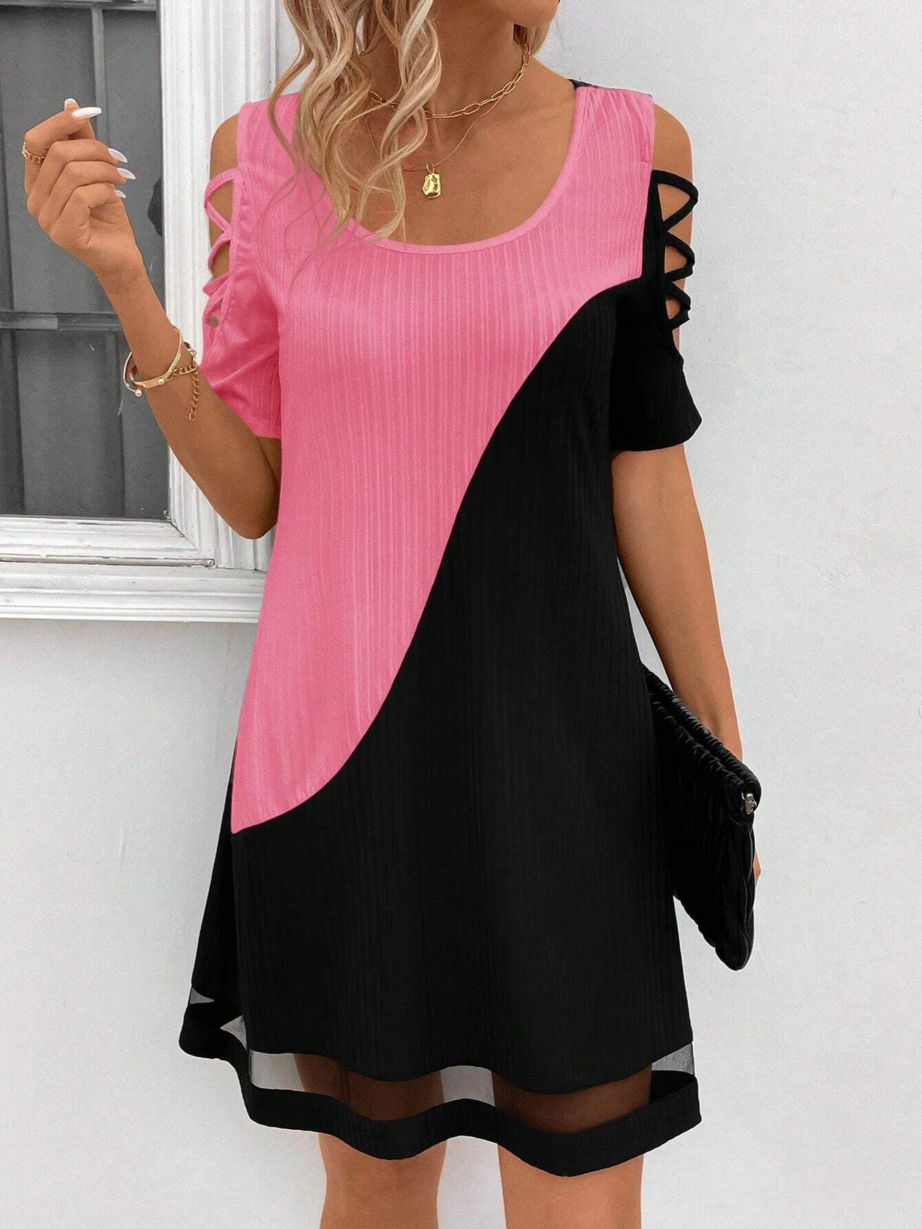 Women's Color Matching Hollow Out Mesh Midi Dress