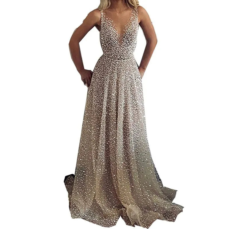 European And American Gold V-neck Dress Sling