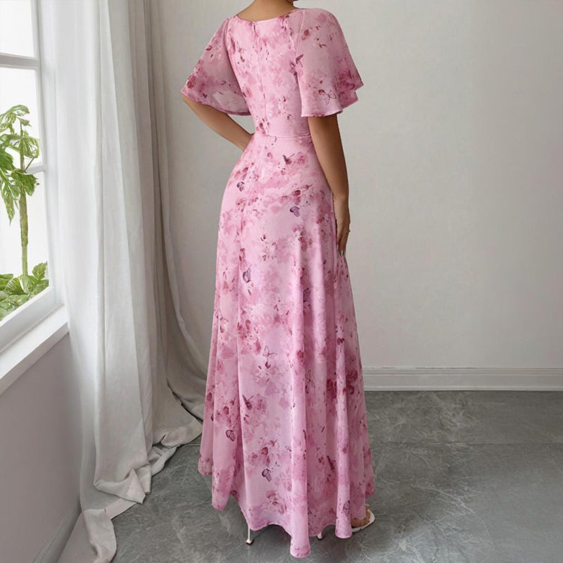 Women's Solid Color Square Neck Short Sleeve Butterfly Print Flowy Dress A-Line Summer Vacation Maxi Dress