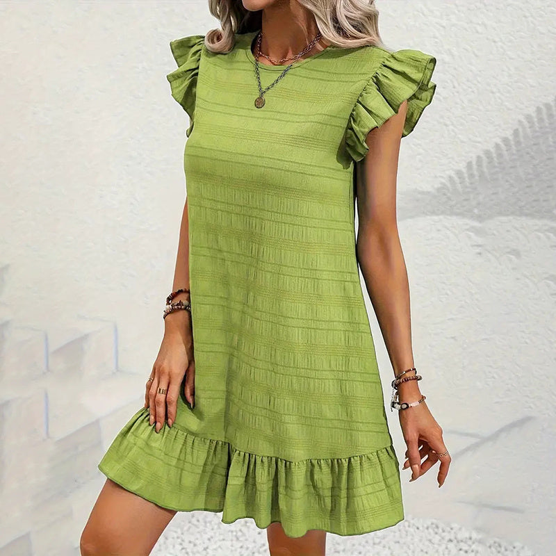 Womens Plus Size Round Neck Solid Dress Falbala Sleeveless Ruffled Summer Dress With Pleated Detail - Free USA Shipping