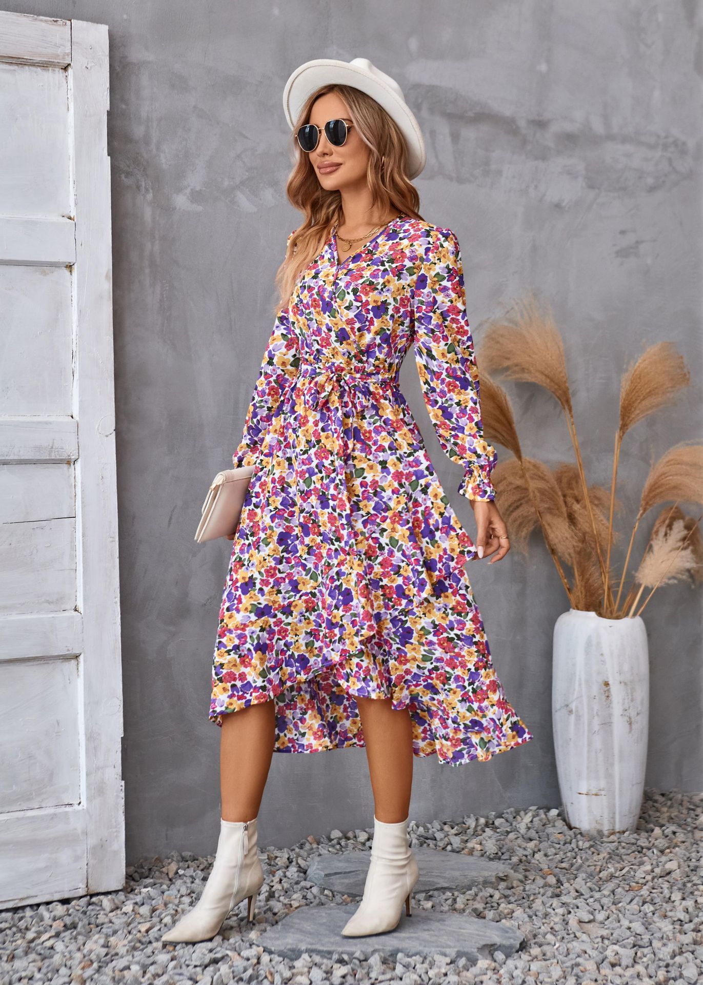 Flowers Print Long Sleeve Dress Fashion Ruffled Commuter Temperament Dresses Womens Clothing
