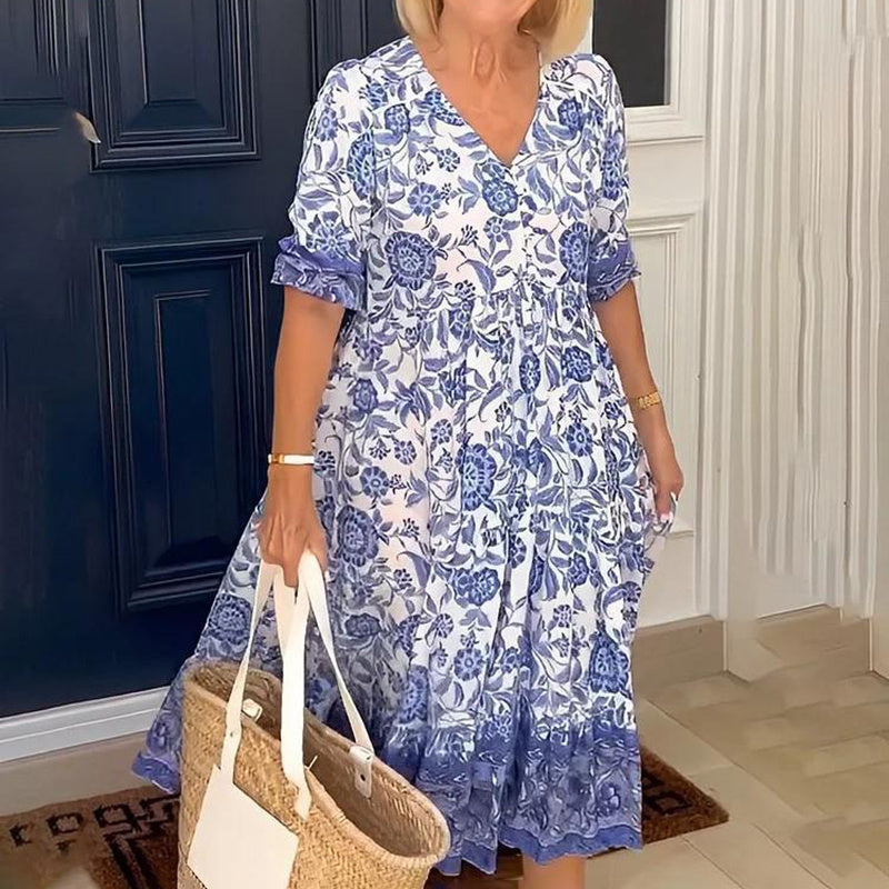 Women's Plus Size V-Neck Floral Print Dress - Loose Fit Casual Spring Summer Dress - Free USA Shipping