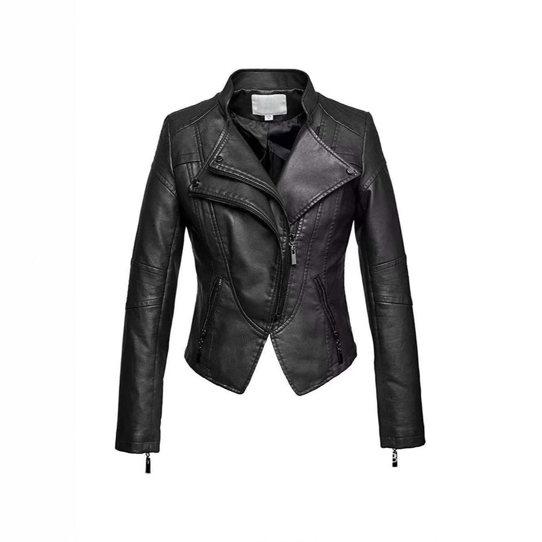 New Women's Leather Top Coat European And American Fashion Motorcycle Slim Fit Short Leather Jacket Zipper One Generation