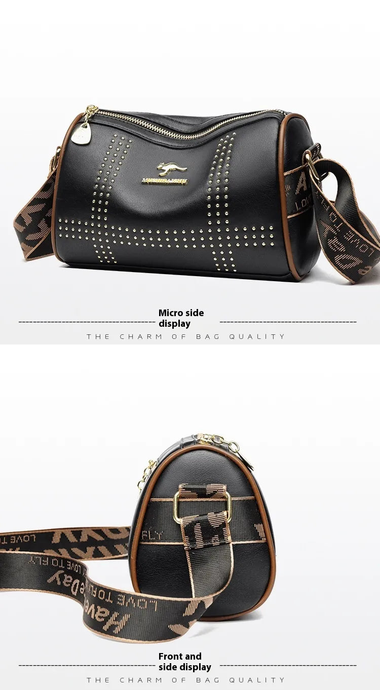 Color Contrast Patchwork Rivet Crossbody Soft Leather Shoulder Bag