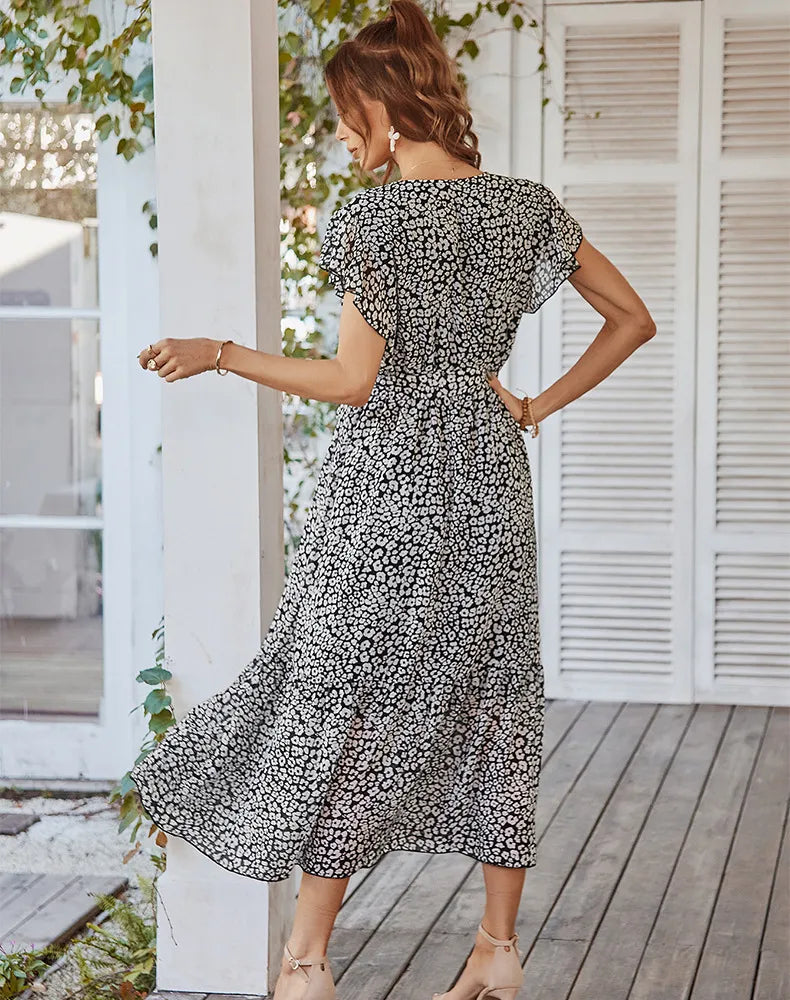 Summer Dresses Ruffle Cap Sleeve V Neck Belt Wrap Split Boho Floral Long Casual Party Beach Dress