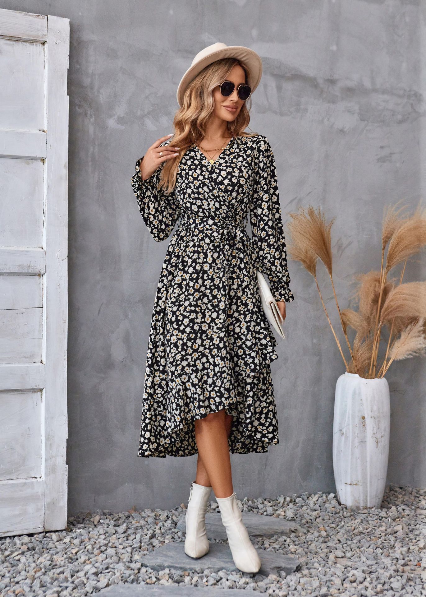 Flowers Print Long Sleeve Dress Fashion Ruffled Commuter Temperament Dresses Womens Clothing