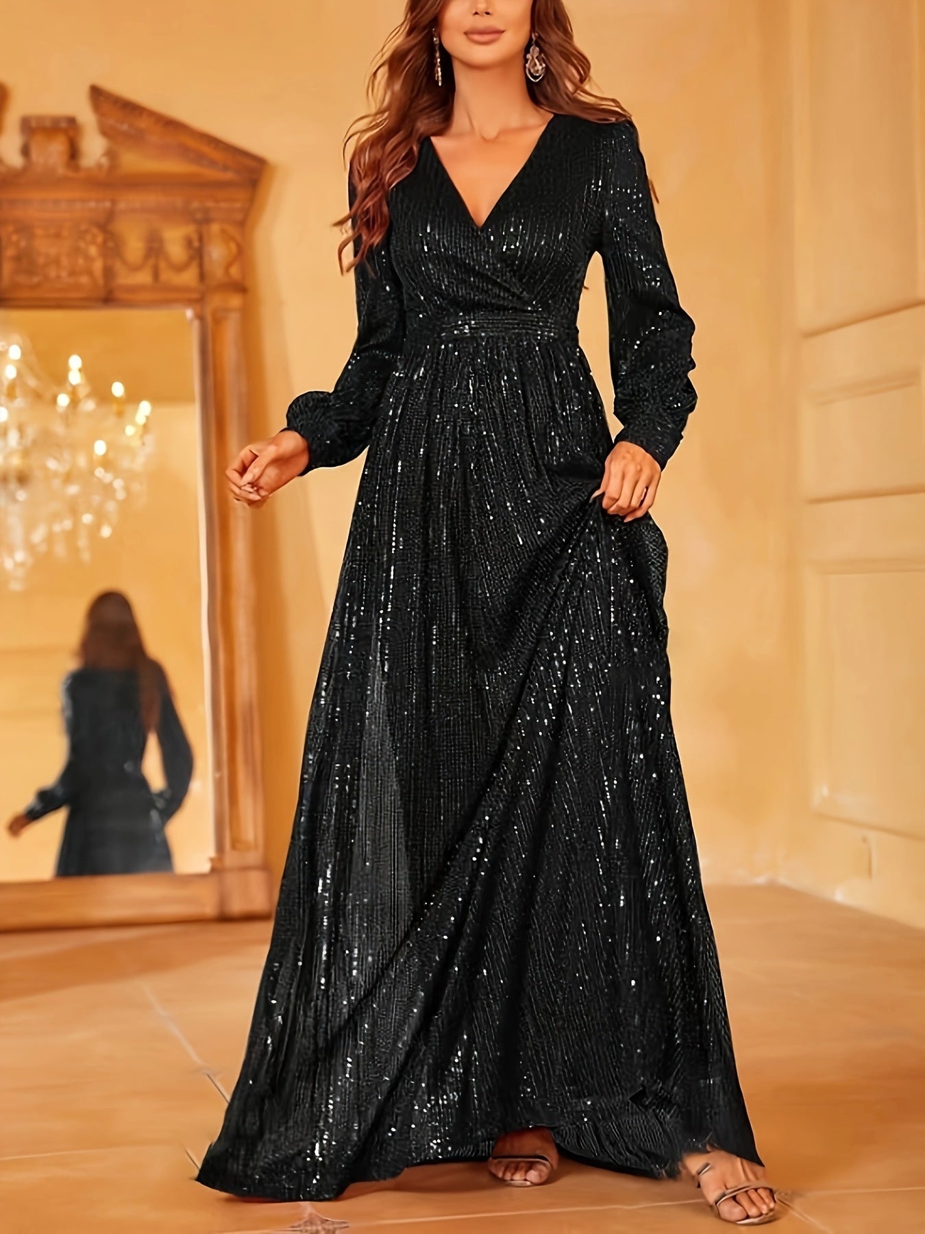 Elegant Dinner Sequined Long Sleeve V-neck High Waist Evening Dress