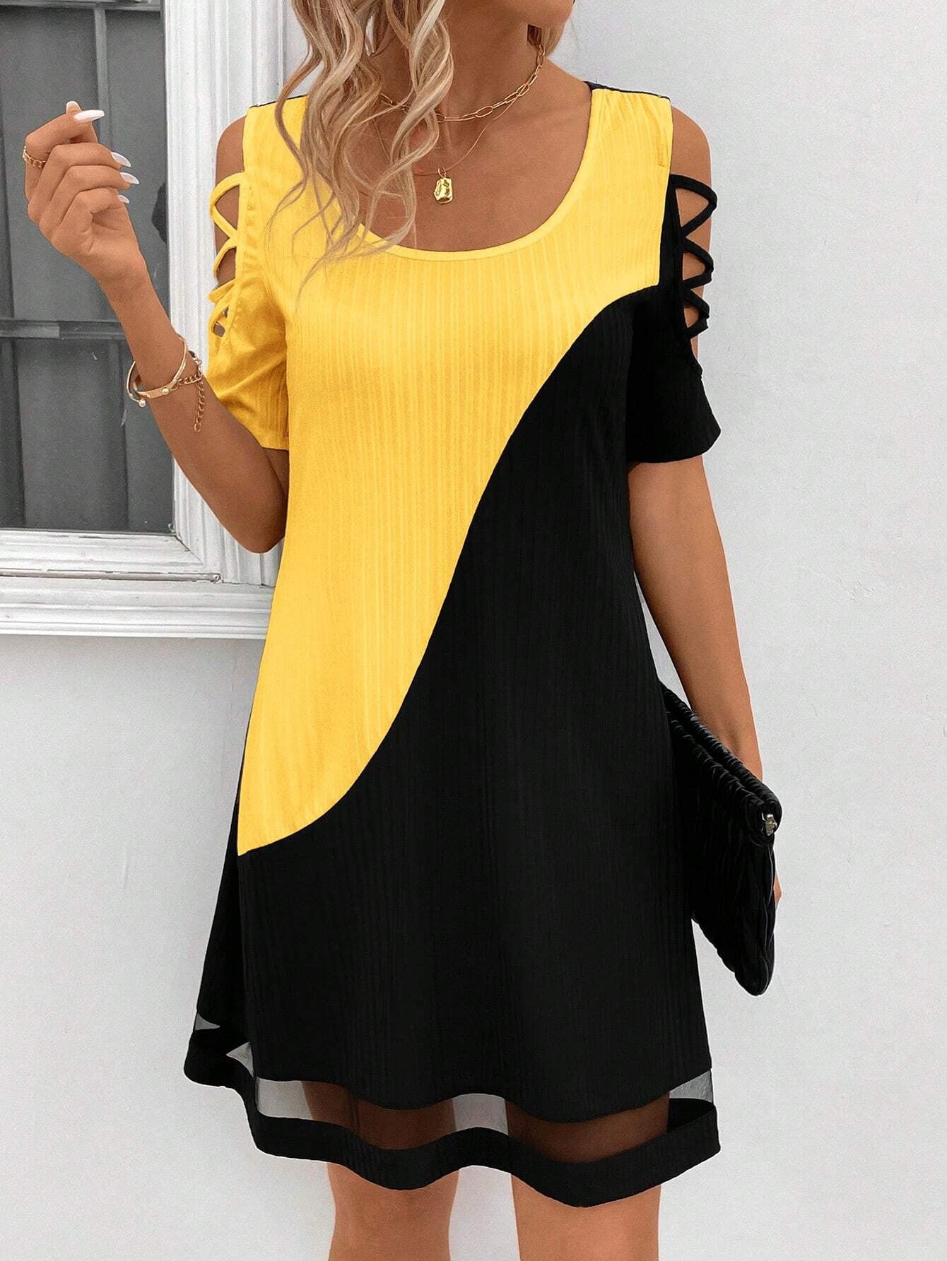 Women's Color Matching Hollow Out Mesh Midi Dress