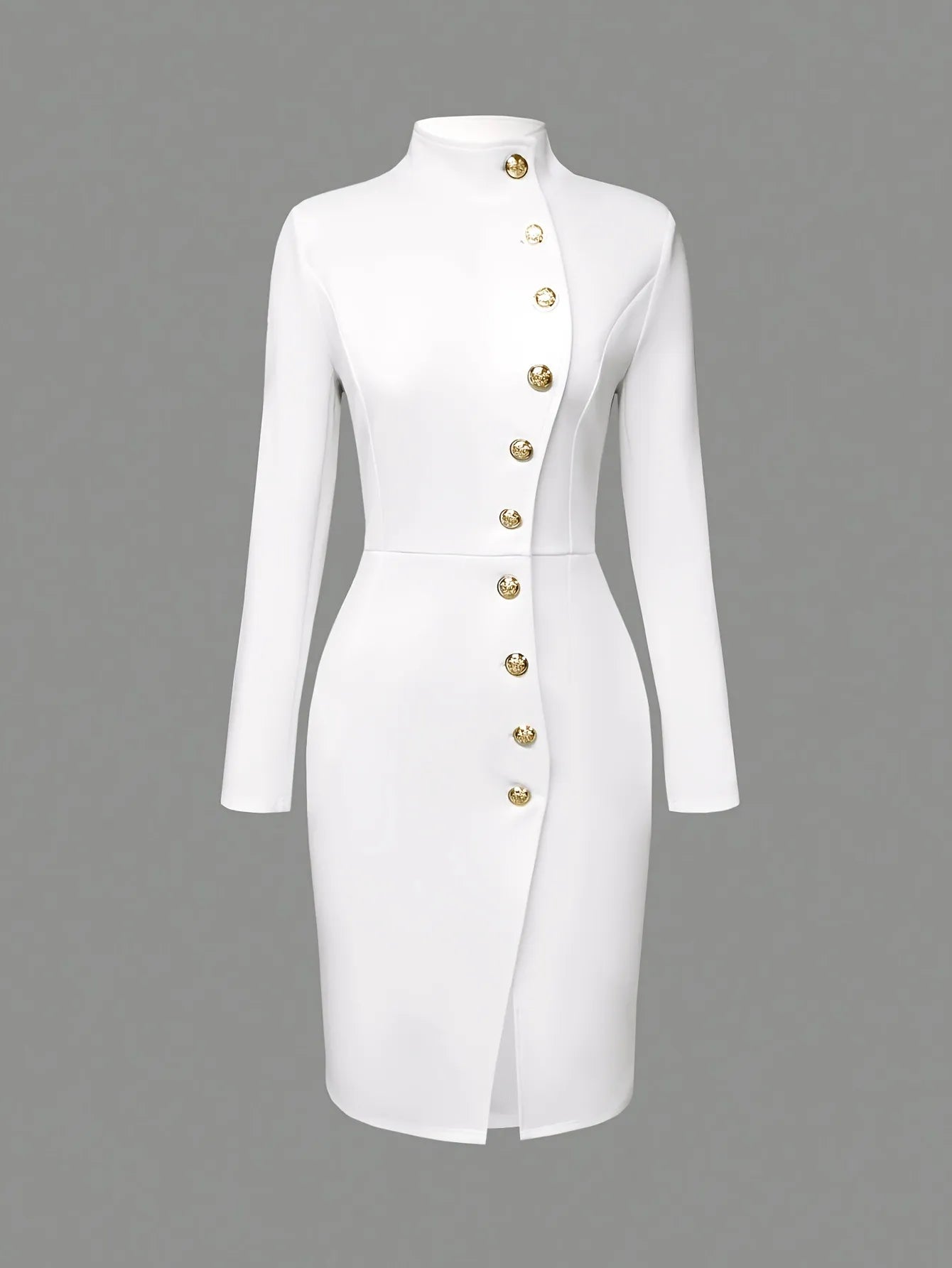 Fall Fashion Long Sleeve Stand-up Collar Slim Fit Metal Button Split Dress