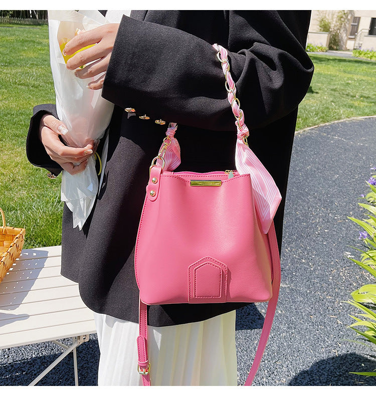 Leather Bucket Tote Bag with Chain Sling Handle