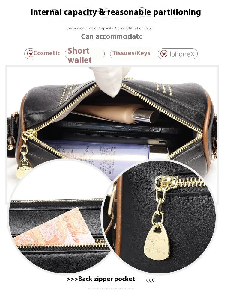 Color Contrast Patchwork Rivet Crossbody Soft Leather Shoulder Bag