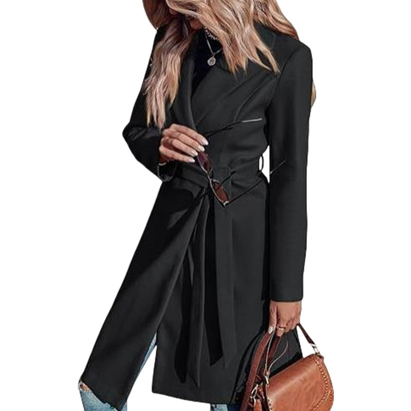 Long Woolen Women's Waist-controlled Lace-up Double Breasted Coat