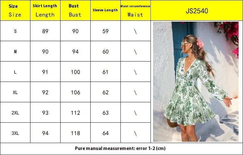 Lace V-neck Printed Leisure Vacation Long Sleeve Dress