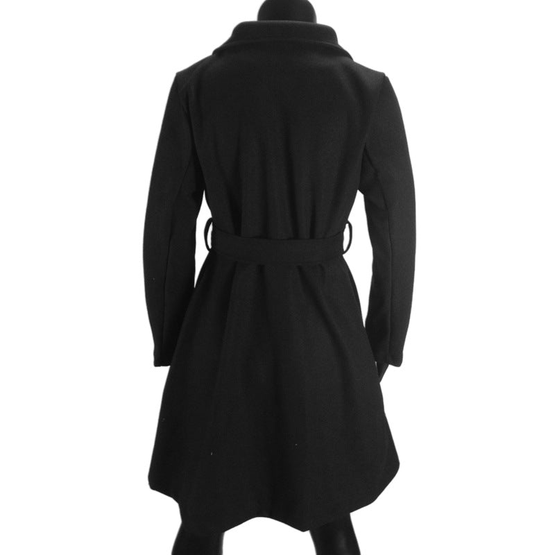 Long Woolen Women's Waist-controlled Lace-up Double Breasted Coat