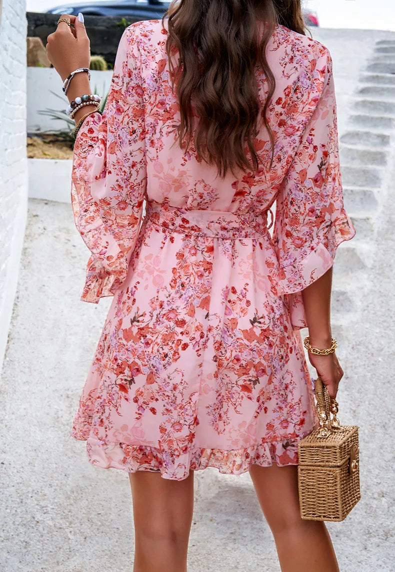 Summer Floral Print Short Sleeves Dress Lace Up Ruffles Design Fashion V-neck Short Dresses Womens Clothing