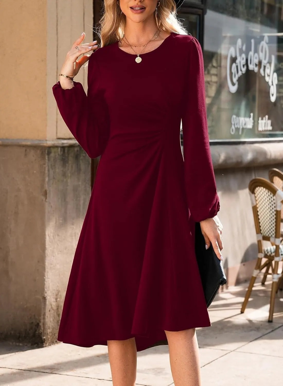 European And American Round Neck Pullover Fashion Long Sleeve Slim Fit Slit Dress
