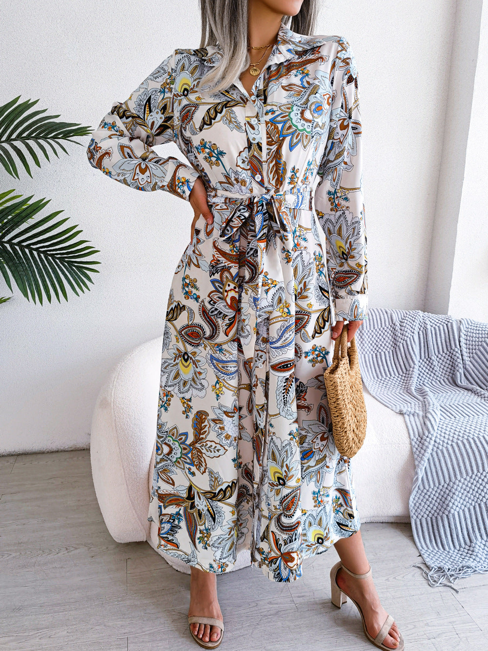 Retro Floral Stand Collar Belted Shirt Dress Long Skirt Women's Fashion Full Sleeve Regular Waistline Ankle-Length