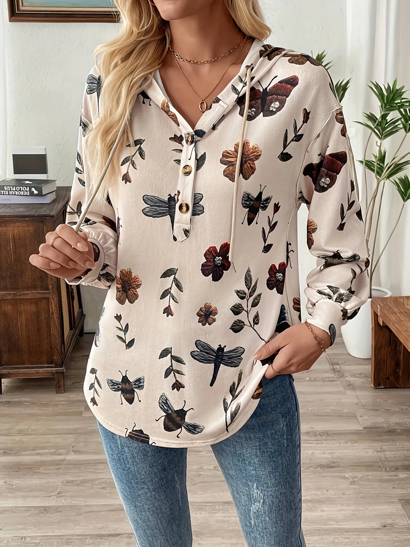 Flower Print Women's Pullover Long Sleeve Hooded Sweater