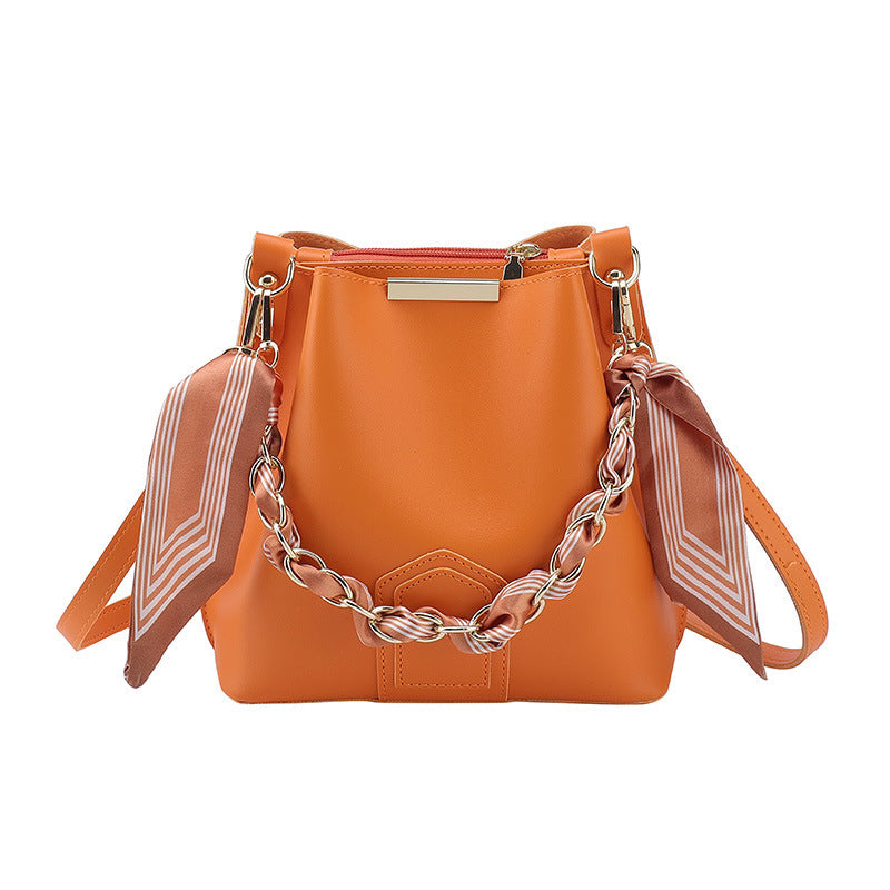 Leather Bucket Tote Bag with Chain Sling Handle
