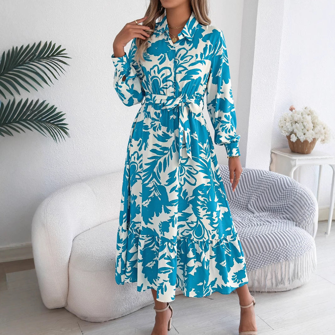 Women's Clothing Spring And Summer Leisure Flower Long Sleeve Shirt Skirt Dress