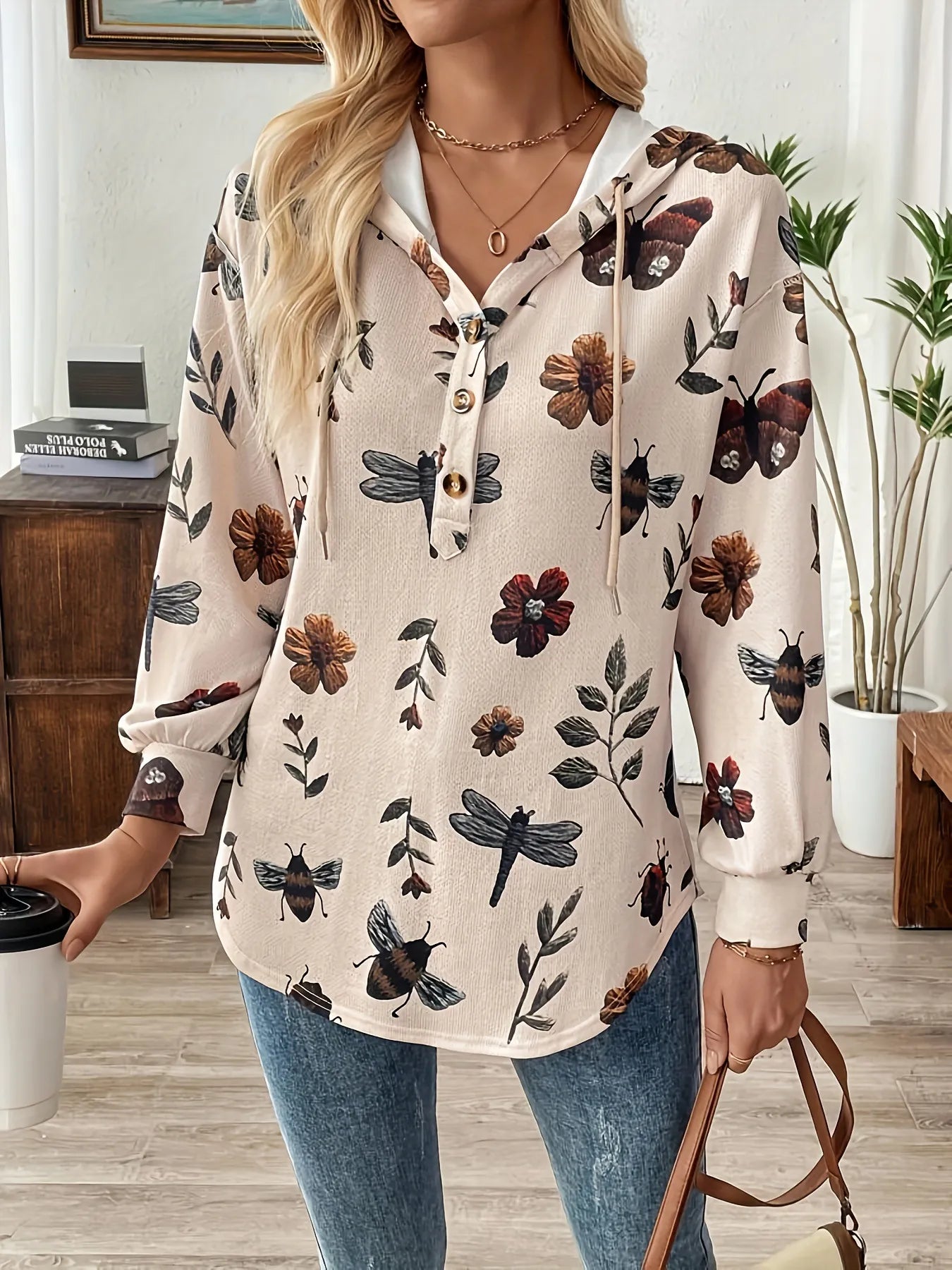 Flower Print Women's Pullover Long Sleeve Hooded Sweater