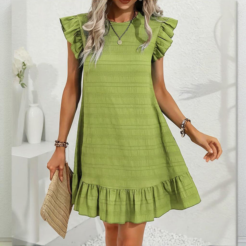 Womens Plus Size Round Neck Solid Dress Falbala Sleeveless Ruffled Summer Dress With Pleated Detail - Free USA Shipping