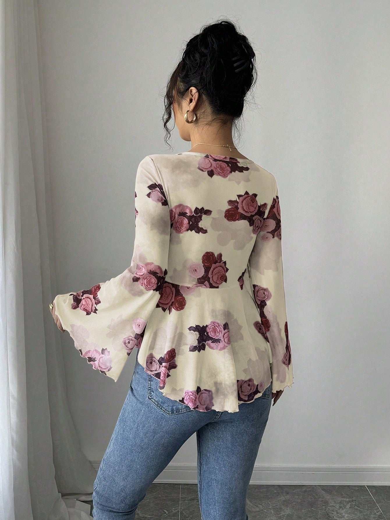 European And American Design Sense French Sweet Flower Blooming Lace-up Square Collar Long Sleeve Shirt