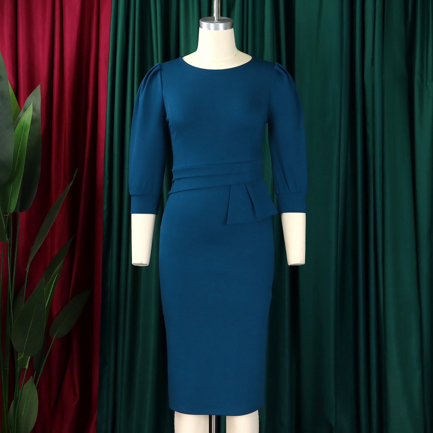 Women's Bodycon Pencil Dress Round Neck 3 /4 th Sleeve Peplum Office Dress - Free USA Shipping