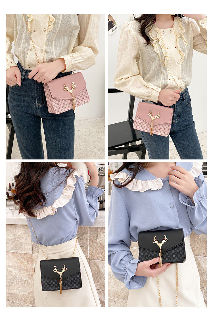 Tassel Deer Head Contrast Color Chain Small Square Leisure Phone Bag