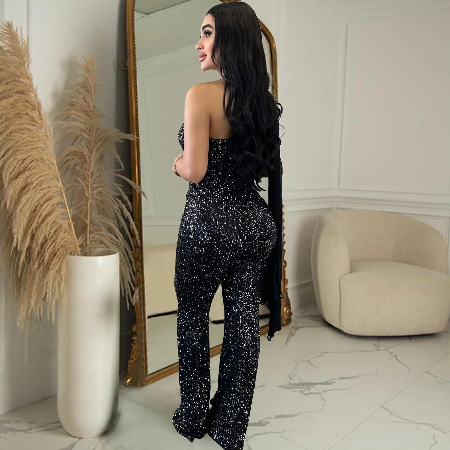Women's Solid Color Sleeveless One-shoulder Sequined Trousers Jumpsuit