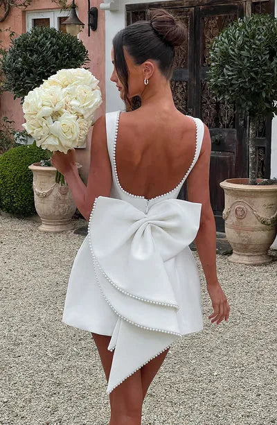 Fashion Big-Bowed Pearls Backless Dress Summer Slim Sleeveless A-line Dresses For Party Evening Women's Clothing