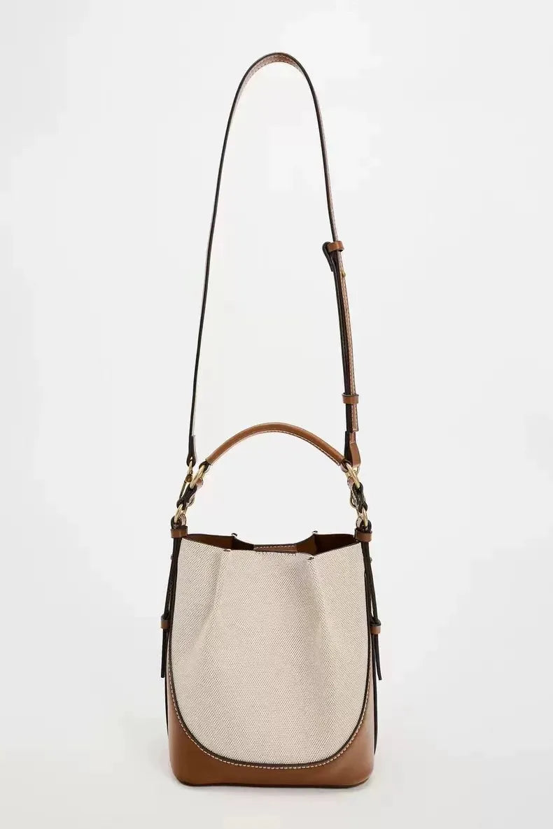 Fashion Drawstring Canvas Contrast Color Casual One-shoulder Bucket Bag