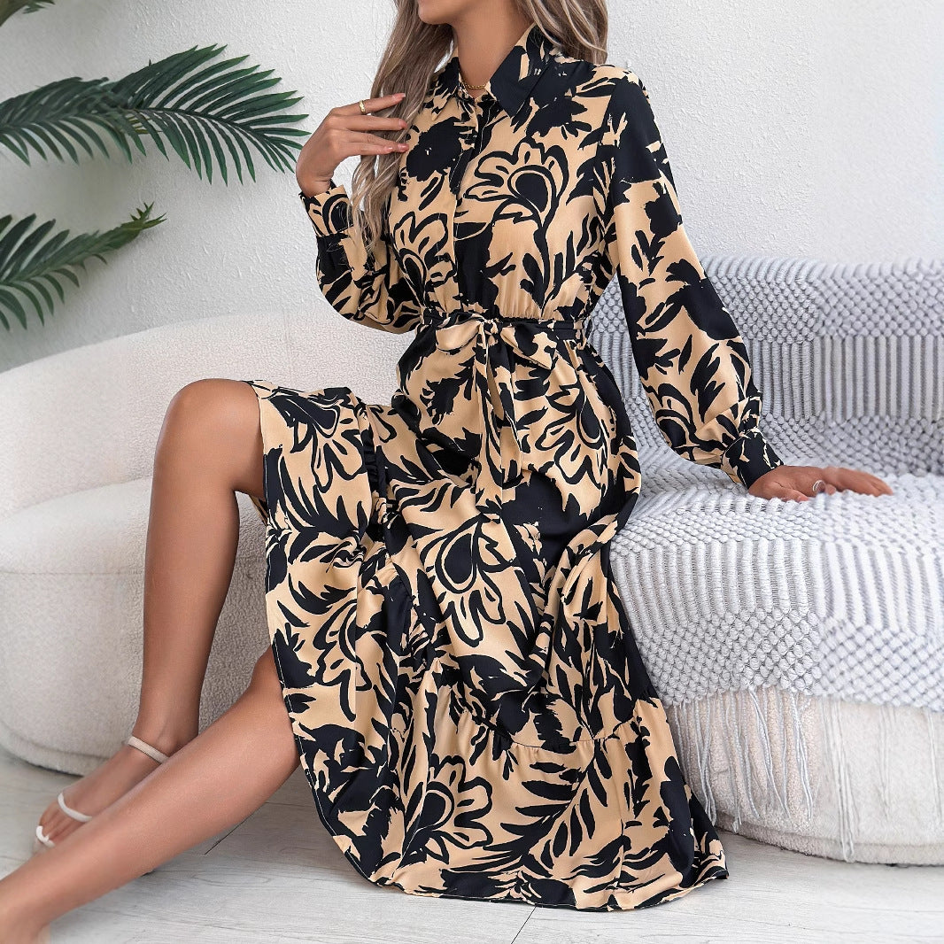 Women's Clothing Spring And Summer Leisure Flower Long Sleeve Shirt Skirt Dress