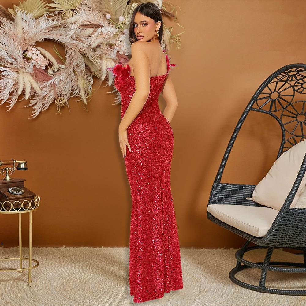 Feather Stitching Sequin Sexy Evening Dress Women