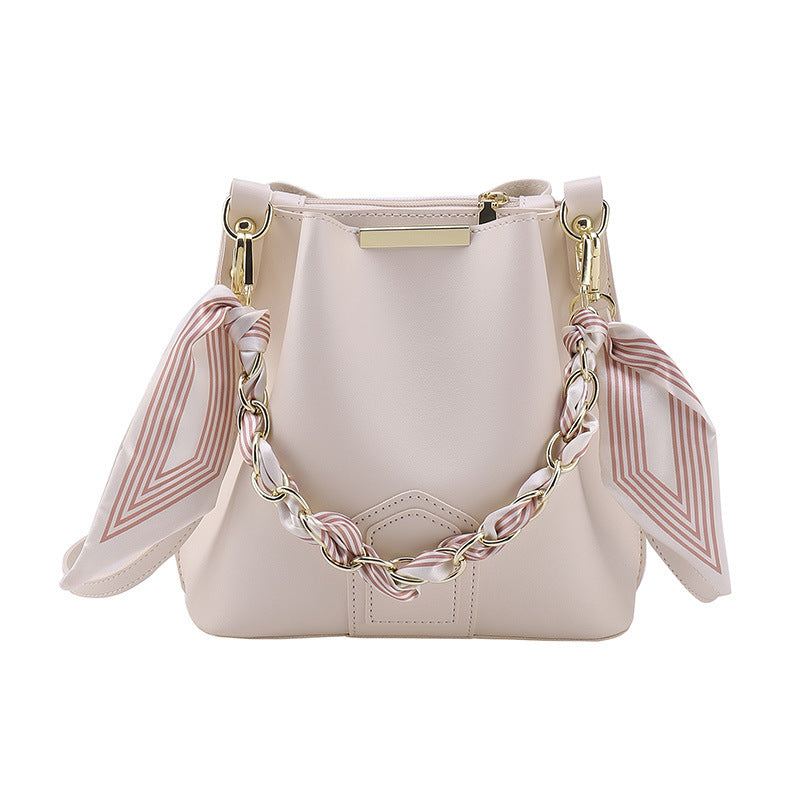 Leather Bucket Tote Bag with Chain Sling Handle